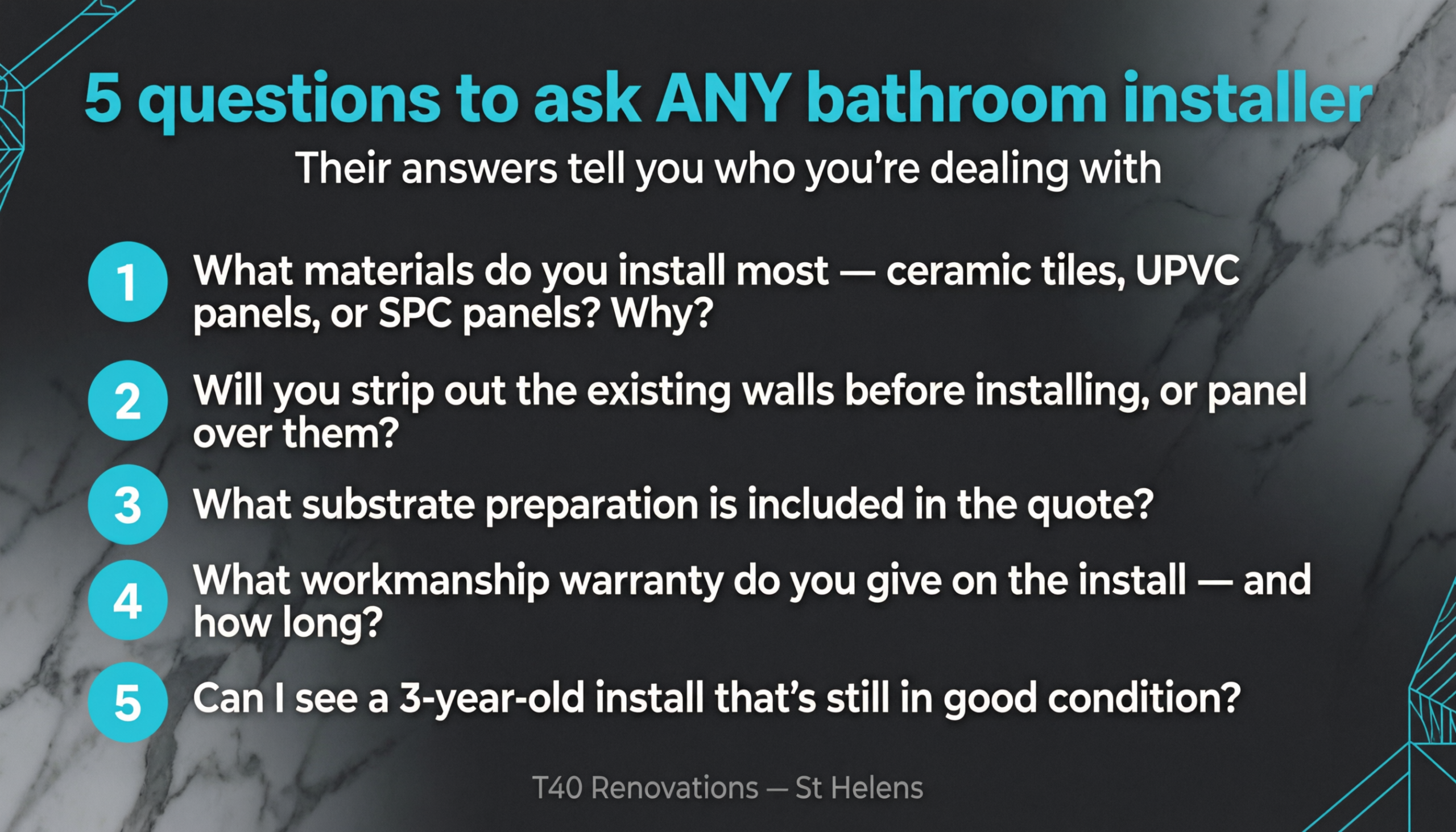 5 questions to ask any bathroom installer - T40 Renovations checklist