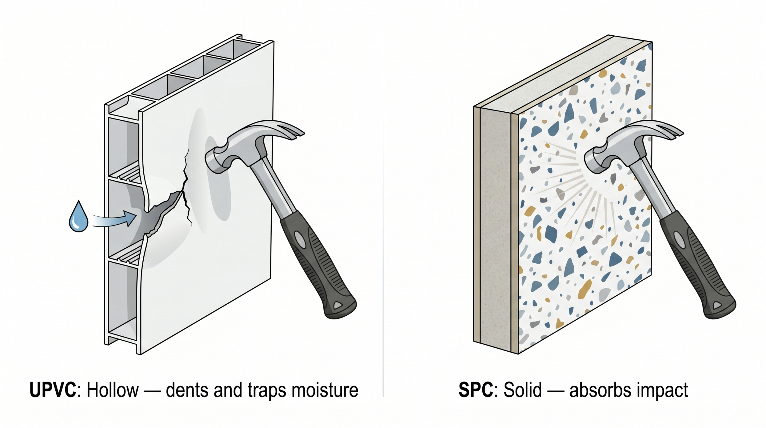 Hammer impact: UPVC hollow panel cracks and traps water vs SPC solid panel absorbs impact